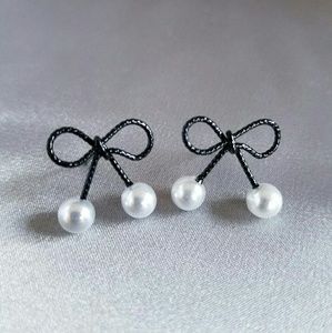 New black bow faux pearl stud earrings